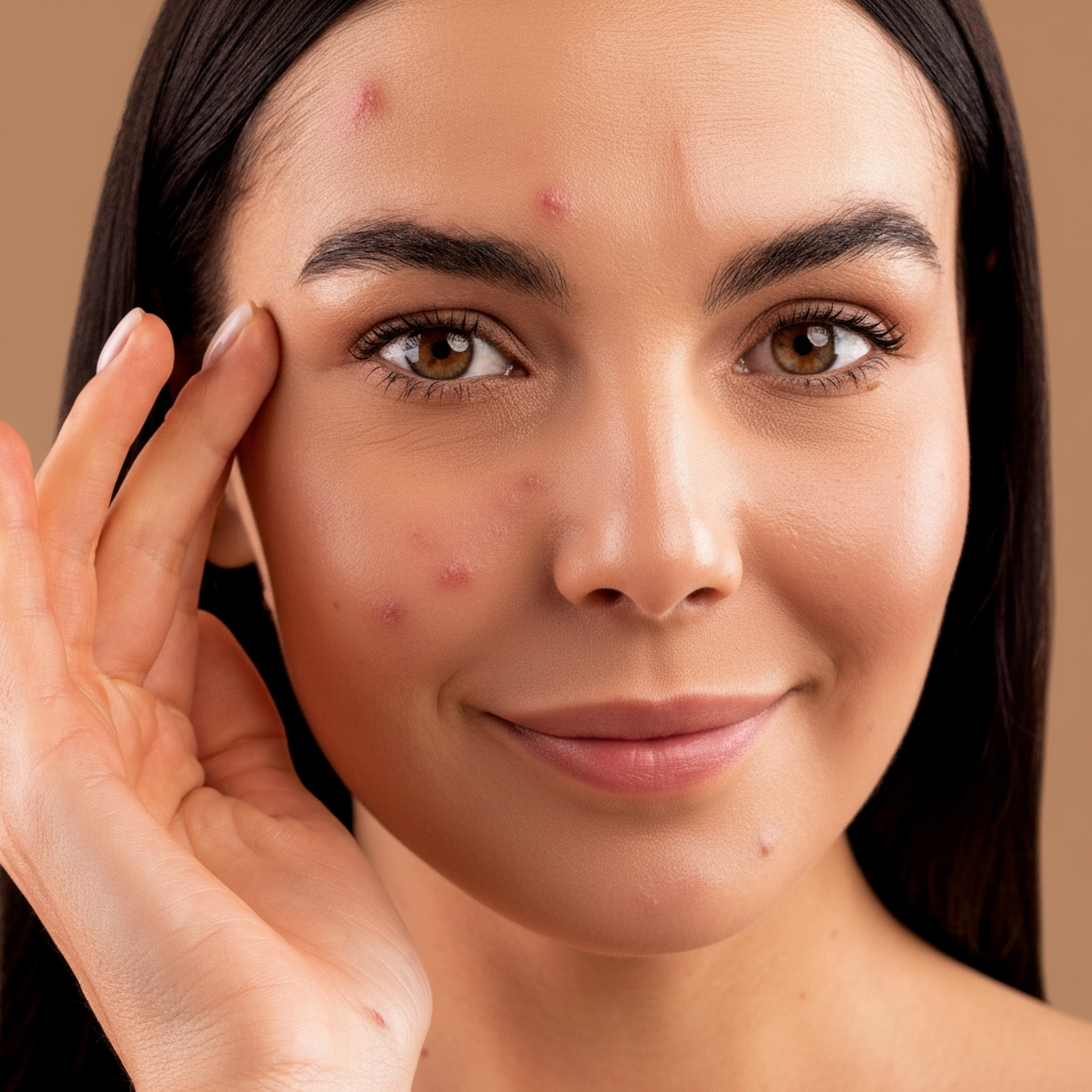 Woman with visible acne on her face against a brown background.